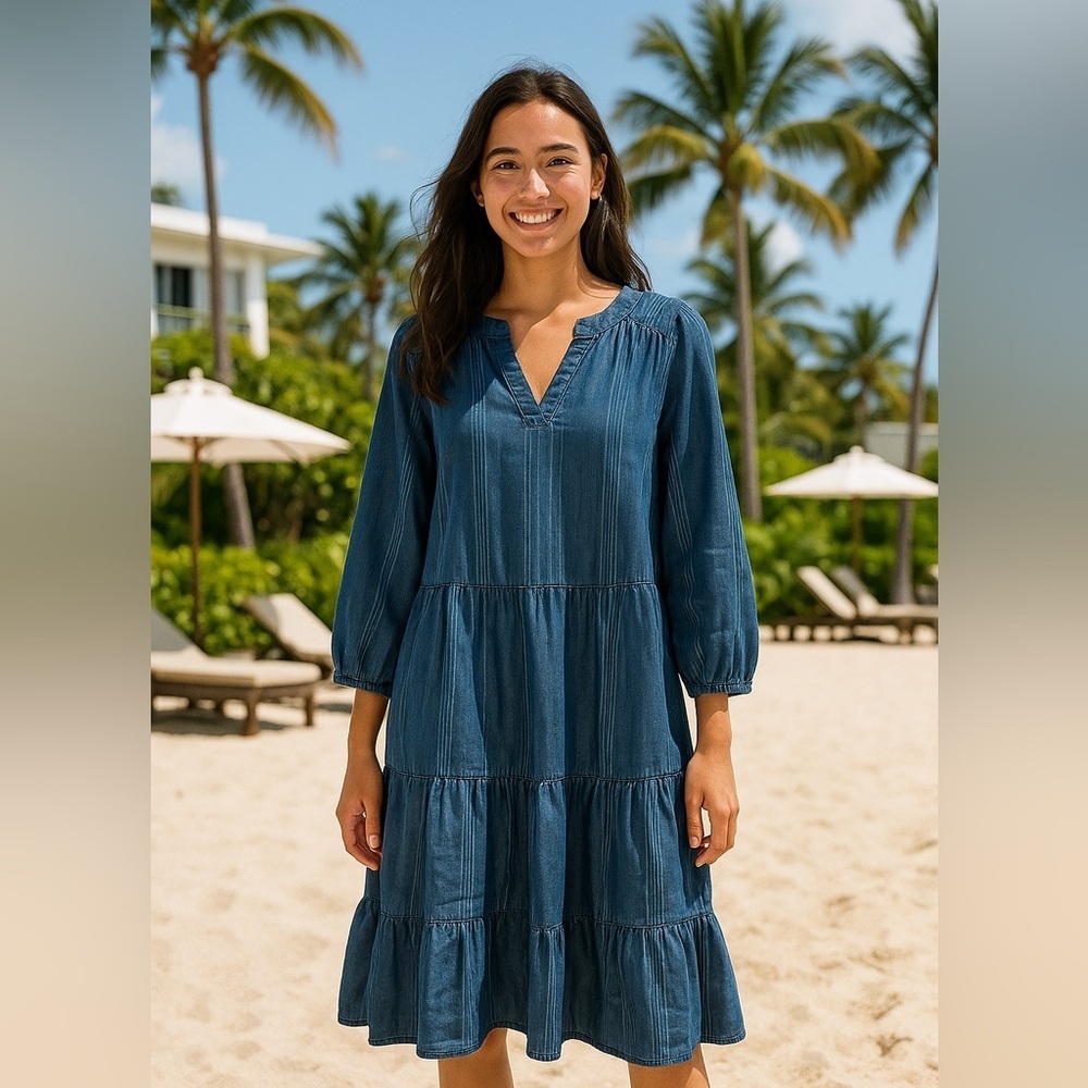 Market and Spruce chambray Sz L knee length ruffle skirt dress 3/4 length sleeve